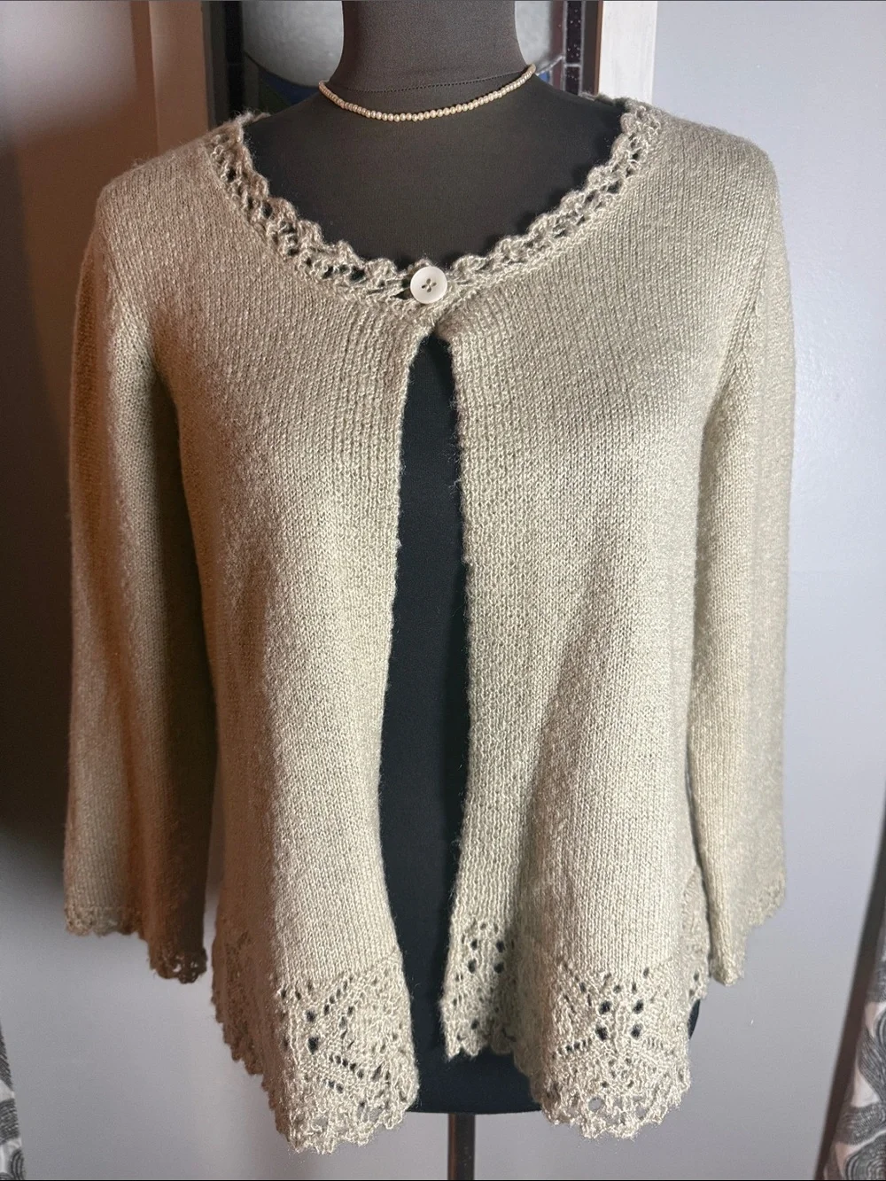 Vintage Sample Lace Trim Open Front Cardigan Beige Neutral Cottagecore SZ Small